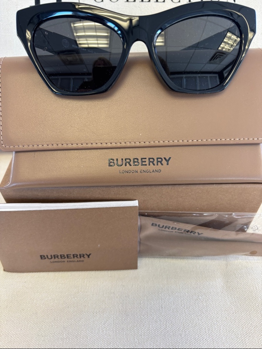 Burberry Black Cat-Eye Sunglasses with Brown Case with authenticity paper